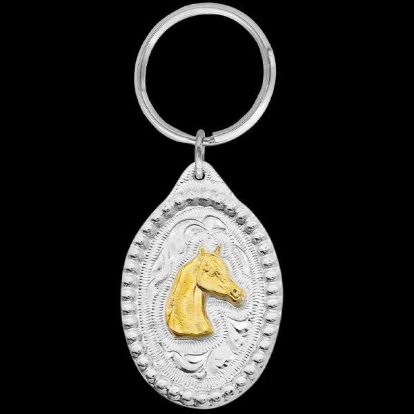 Gold Arabian Horse Head, Our Arabian Horse keychain includes a  beautiful beaded border, an arabian horse 3D figure, and a key ring attachment. Each silver key chain